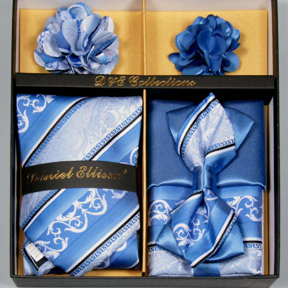 6 Piece Blue Silver Necktie & Bow Tie Set
